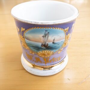 Antique Personalized Shaving Mug Purple Ground Sailboat Nautical Hand Painted